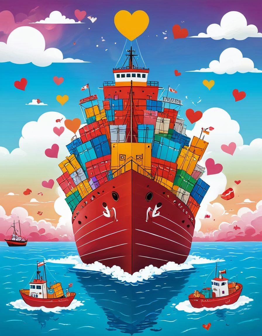 A whimsical illustration depicting a heart-shaped cargo ship sailing through a sea of love, with packages labeled 'Affection' and 'Trust' being loaded on board. The background features vibrant, floating hearts and clouds symbolizing joy and security, while a bright sun radiates warmth. Include elements representing logistics like maps and clocks subtly integrated into the scene. colorful and playful. cartoon style.