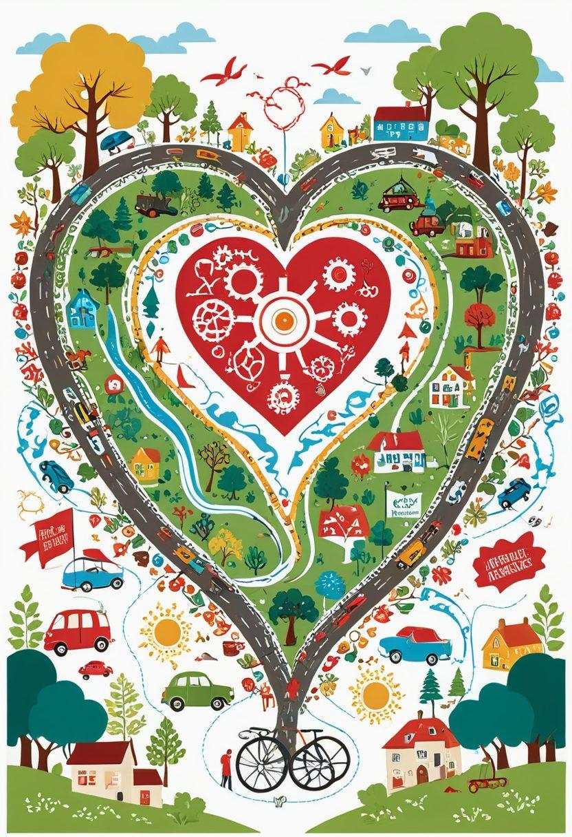 A whimsical scene illustrating the connection between love and logistics in insurance, featuring a heart-shaped map with winding roads, intertwined with gears and insurance symbols like shields and trees, surrounded by diverse people happily discussing strategy. The colors should be vibrant and inviting, creating a warm atmosphere. vector art. vibrant colors. white background.