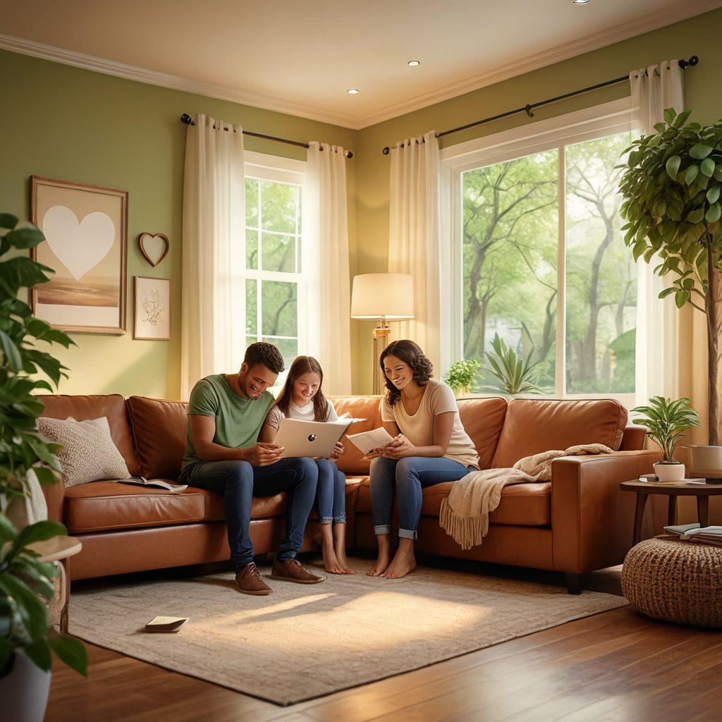 A warm, inviting scene of a happy family gathered together, showcasing emotional connections while reviewing insurance documents, with soft lighting emphasizing their smiles. Elements like a heart symbol subtly integrated in the background with leaves representing growth and security. This setting blends modern technology, like a tablet displaying insurance options, with coziness. super-realistic. warm colors. nurturing ambiance.